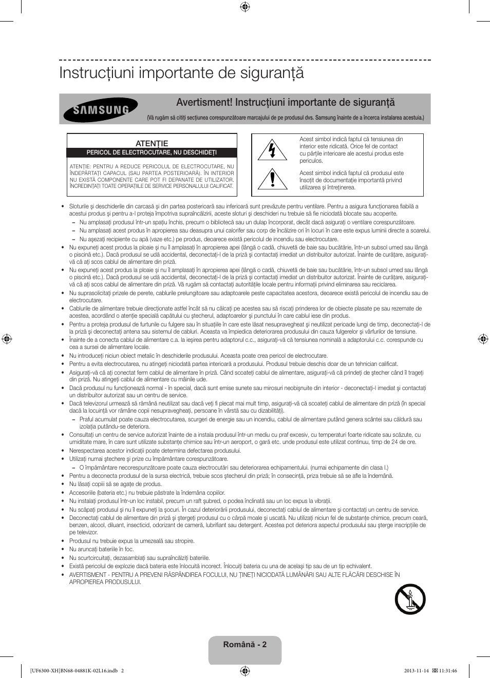 Instrucţiuni importante de siguranţă, Avertisment! instrucţiuni importante de siguranţă | Samsung UE60F6300AW User Manual | Page 146 / 289