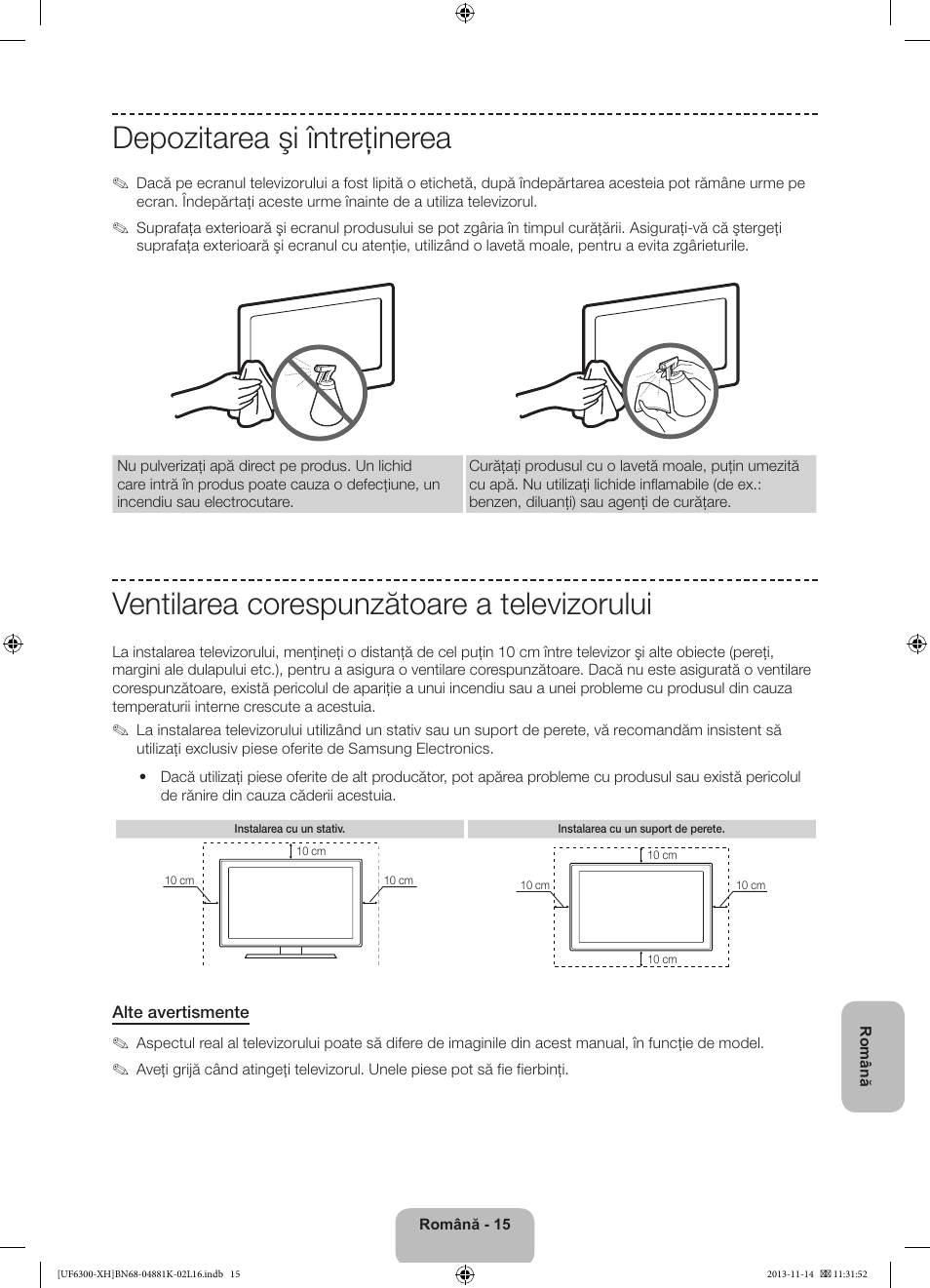 Depozitarea şi întreţinerea, Ventilarea corespunzătoare a televizorului | Samsung UE60F6300AW User Manual | Page 159 / 289