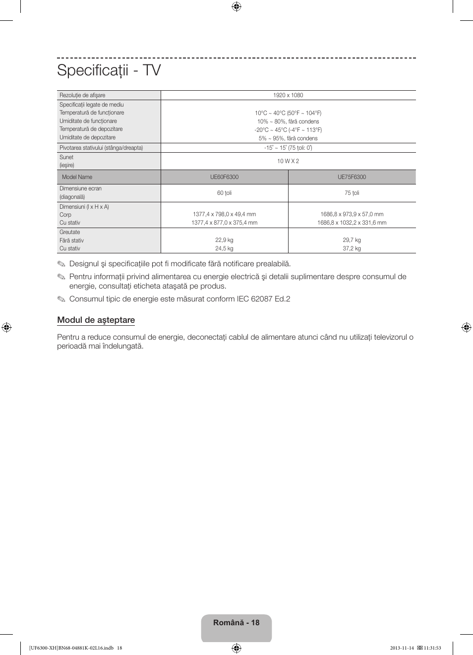 Specificaţii - tv | Samsung UE60F6300AW User Manual | Page 162 / 289