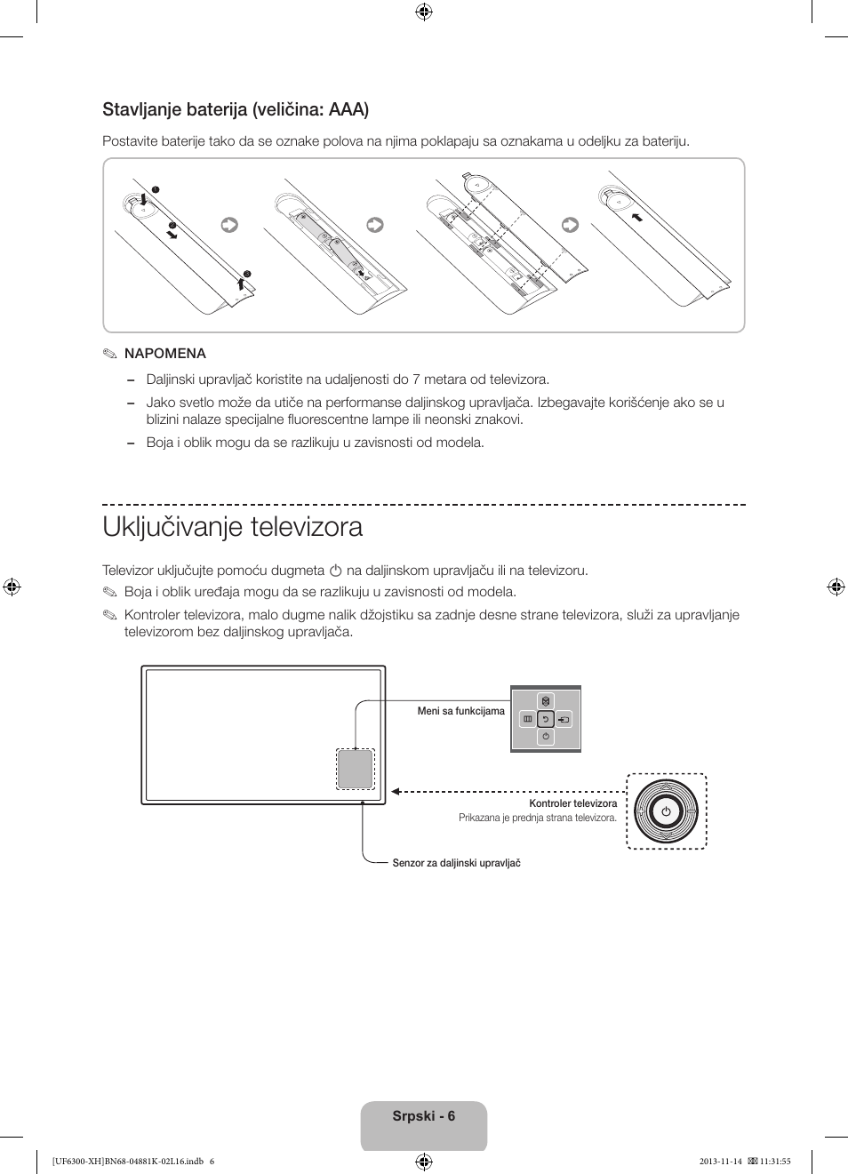 Uključivanje televizora, Stavljanje baterija (veličina: aaa) | Samsung UE60F6300AW User Manual | Page 168 / 289