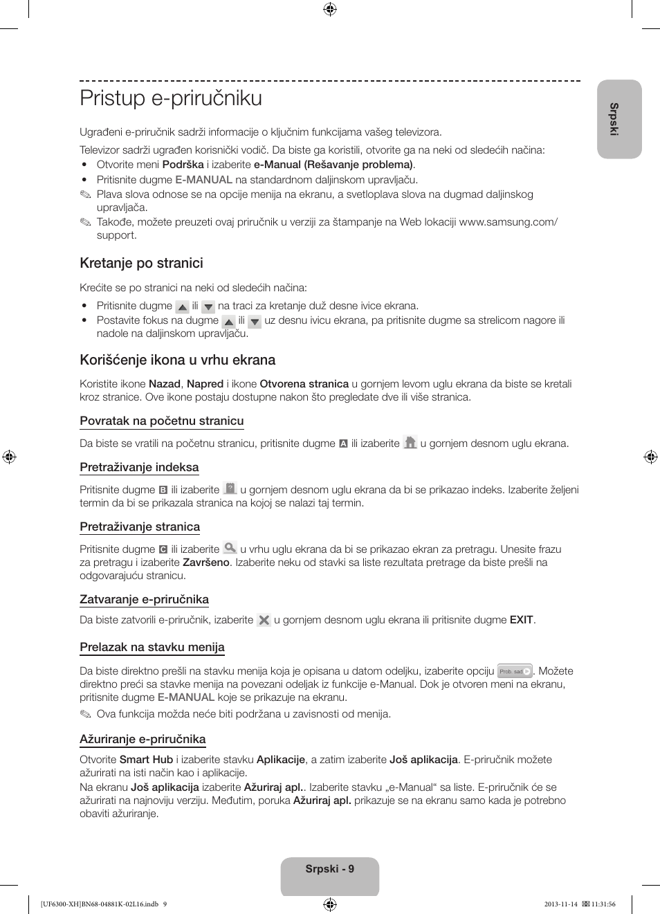 Pristup e-priručniku, Kretanje po stranici, Korišćenje ikona u vrhu ekrana | Samsung UE60F6300AW User Manual | Page 171 / 289