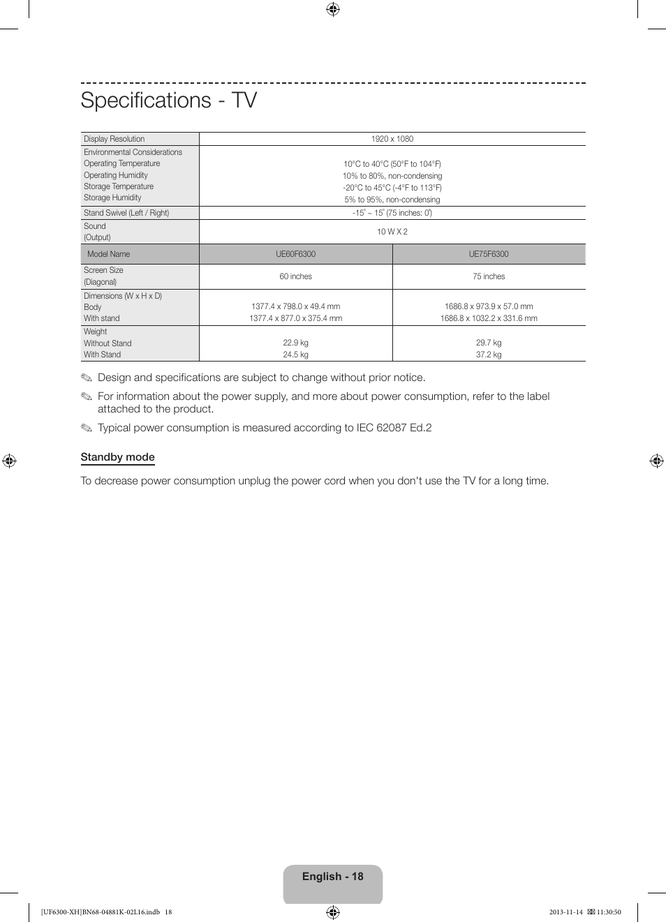 Specifications - tv | Samsung UE60F6300AW User Manual | Page 18 / 289