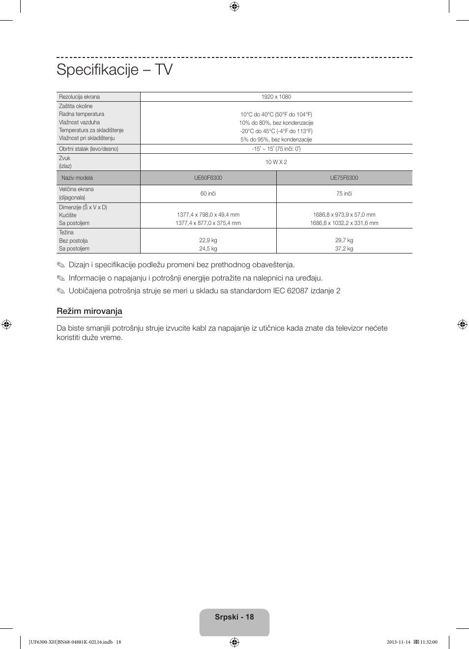 Specifikacije – tv | Samsung UE60F6300AW User Manual | Page 180 / 289
