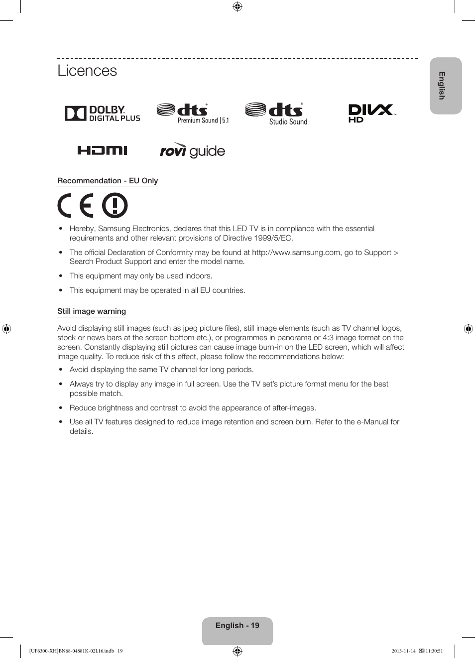 Licences | Samsung UE60F6300AW User Manual | Page 19 / 289