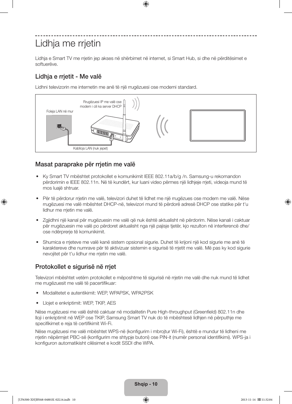 Lidhja me rrjetin, Lidhja e rrjetit - me valë, Masat paraprake për rrjetin me valë | Protokollet e sigurisë në rrjet | Samsung UE60F6300AW User Manual | Page 190 / 289