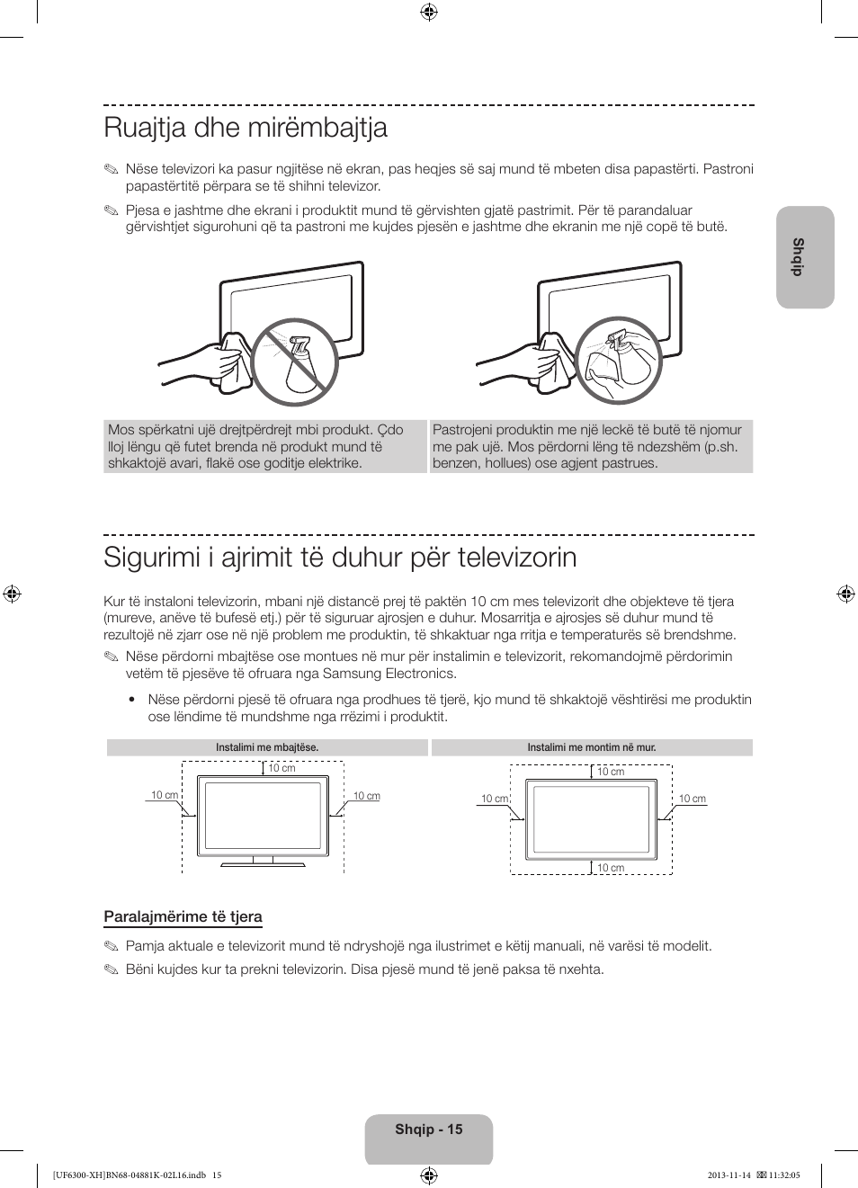 Ruajtja dhe mirëmbajtja, Sigurimi i ajrimit të duhur për televizorin | Samsung UE60F6300AW User Manual | Page 195 / 289