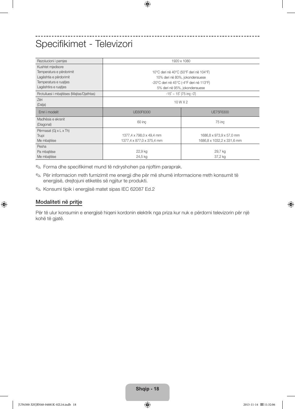 Specifikimet - televizori | Samsung UE60F6300AW User Manual | Page 198 / 289