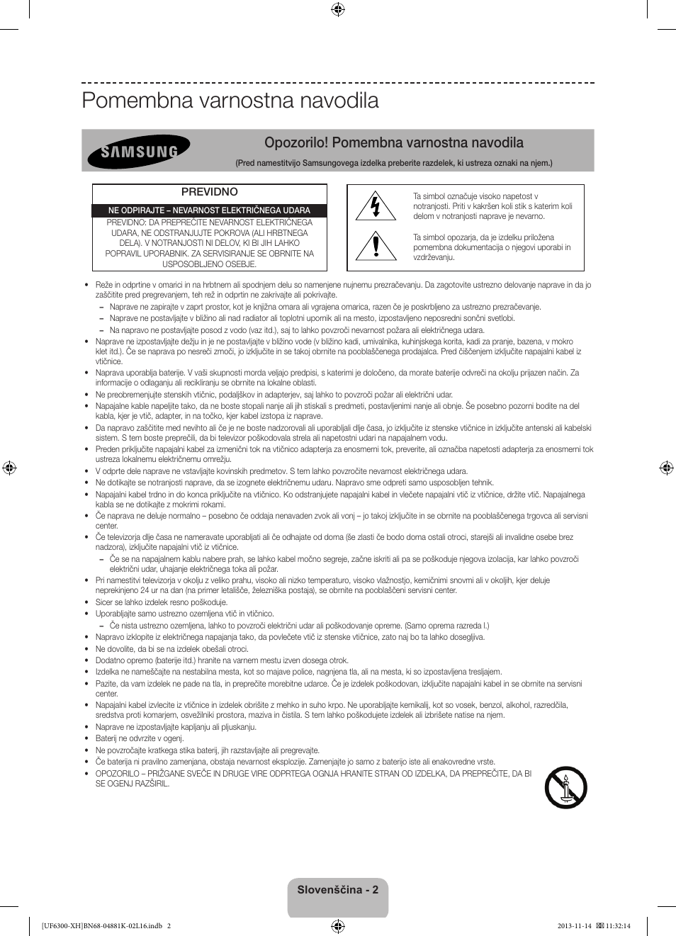 Pomembna varnostna navodila, Opozorilo! pomembna varnostna navodila | Samsung UE60F6300AW User Manual | Page 218 / 289