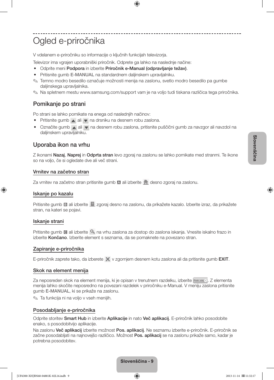 Ogled e-priročnika, Pomikanje po strani, Uporaba ikon na vrhu | Samsung UE60F6300AW User Manual | Page 225 / 289