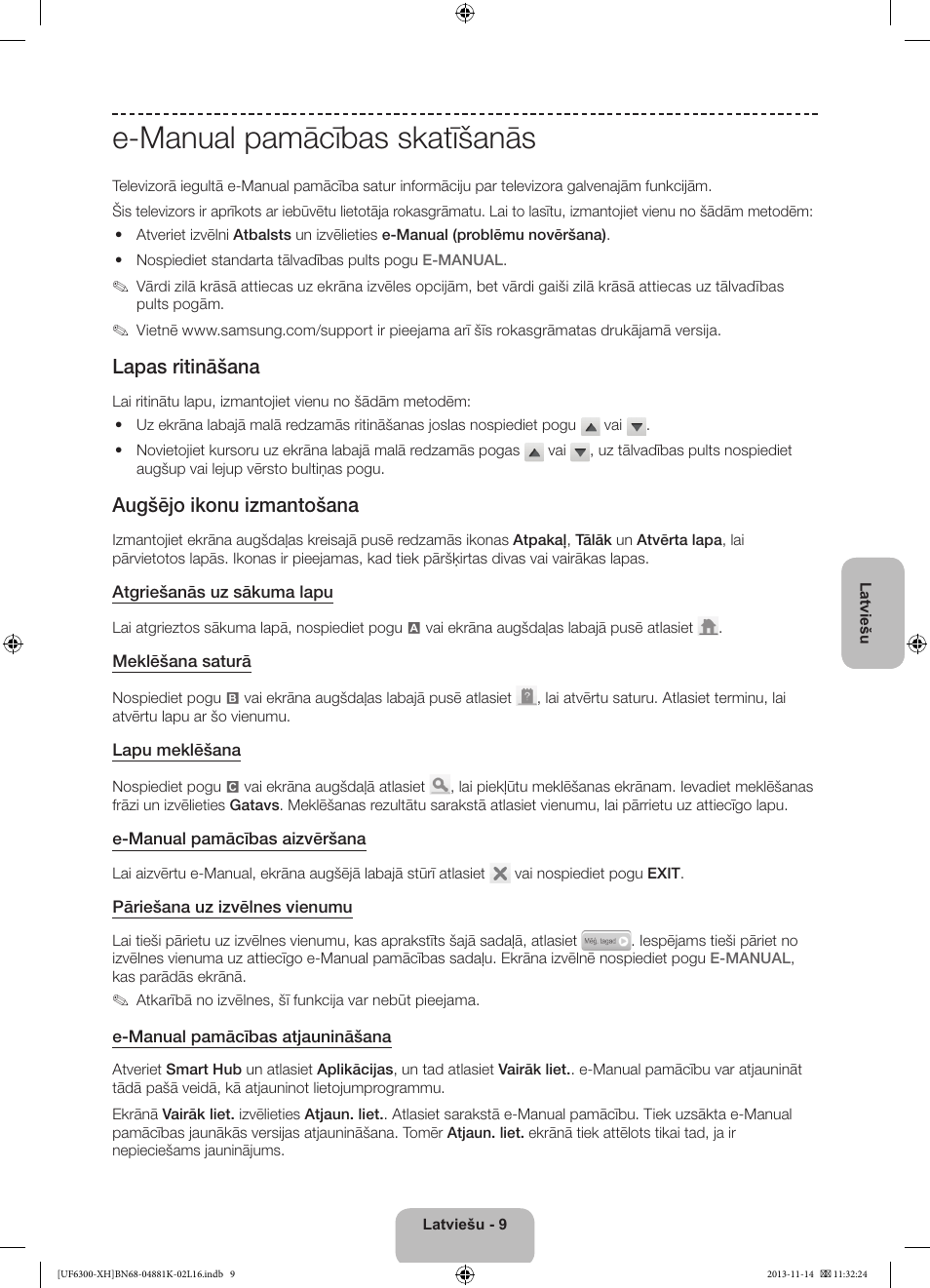 E-manual pamācības skatīšanās, Lapas ritināšana, Augšējo ikonu izmantošana | Samsung UE60F6300AW User Manual | Page 243 / 289