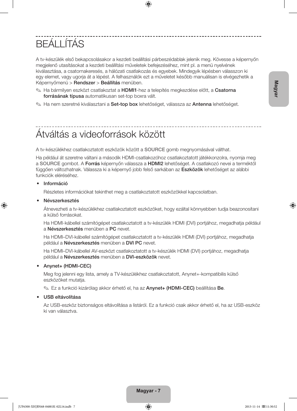 Beállítás, Átváltás a videoforrások között | Samsung UE60F6300AW User Manual | Page 25 / 289