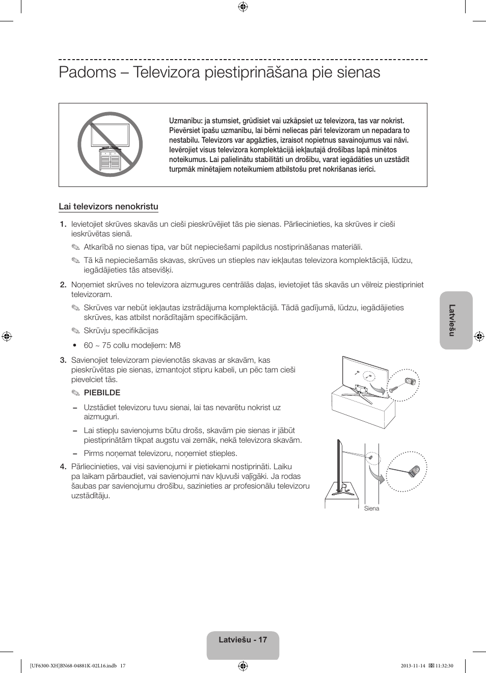 Padoms – televizora piestiprināšana pie sienas | Samsung UE60F6300AW User Manual | Page 251 / 289