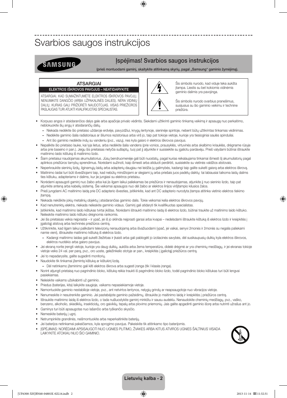 Svarbios saugos instrukcijos, Įspėjimas! svarbios saugos instrukcijos | Samsung UE60F6300AW User Manual | Page 254 / 289