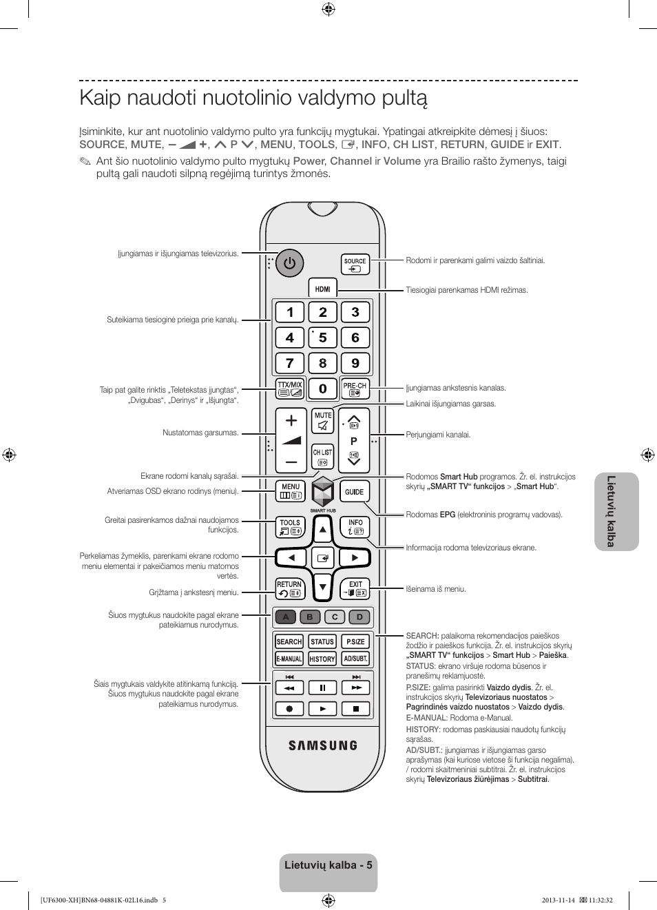 Kaip naudoti nuotolinio valdymo pultą | Samsung UE60F6300AW User Manual | Page 257 / 289