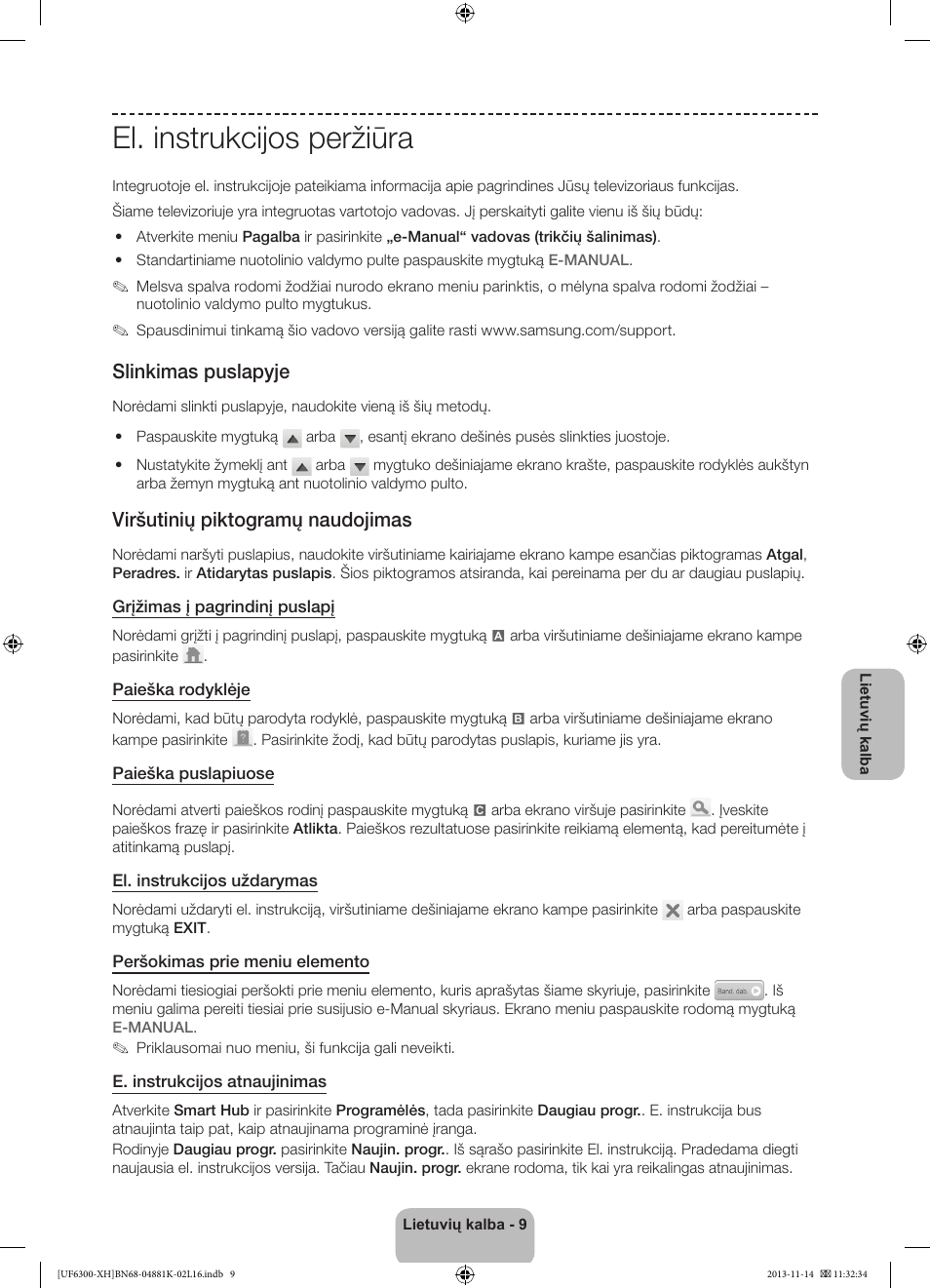 El. instrukcijos peržiūra, Slinkimas puslapyje, Viršutinių piktogramų naudojimas | Samsung UE60F6300AW User Manual | Page 261 / 289