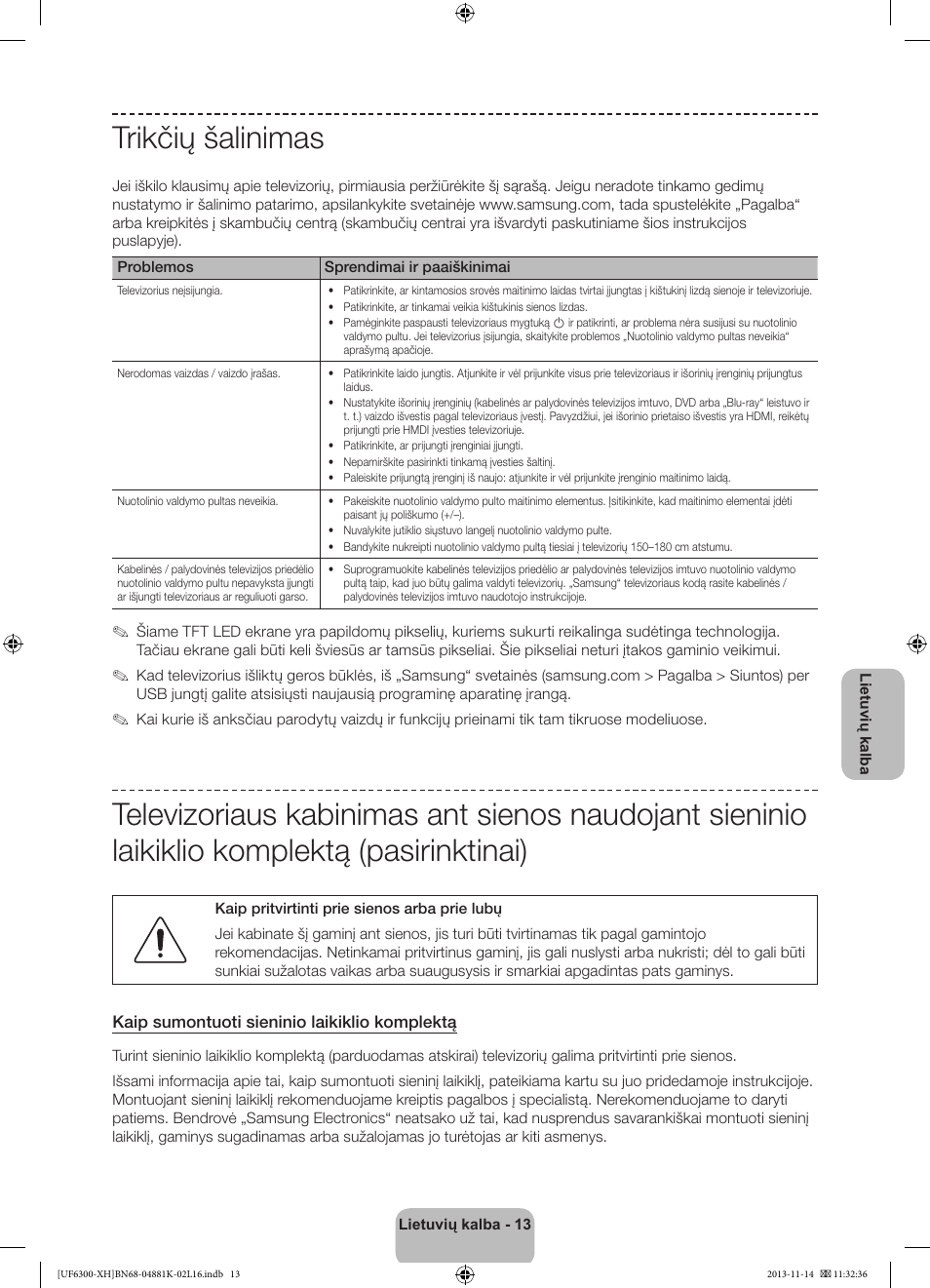 Trikčių šalinimas | Samsung UE60F6300AW User Manual | Page 265 / 289
