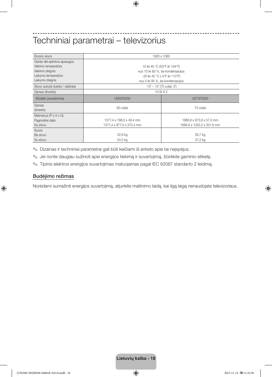 Techniniai parametrai – televizorius | Samsung UE60F6300AW User Manual | Page 270 / 289