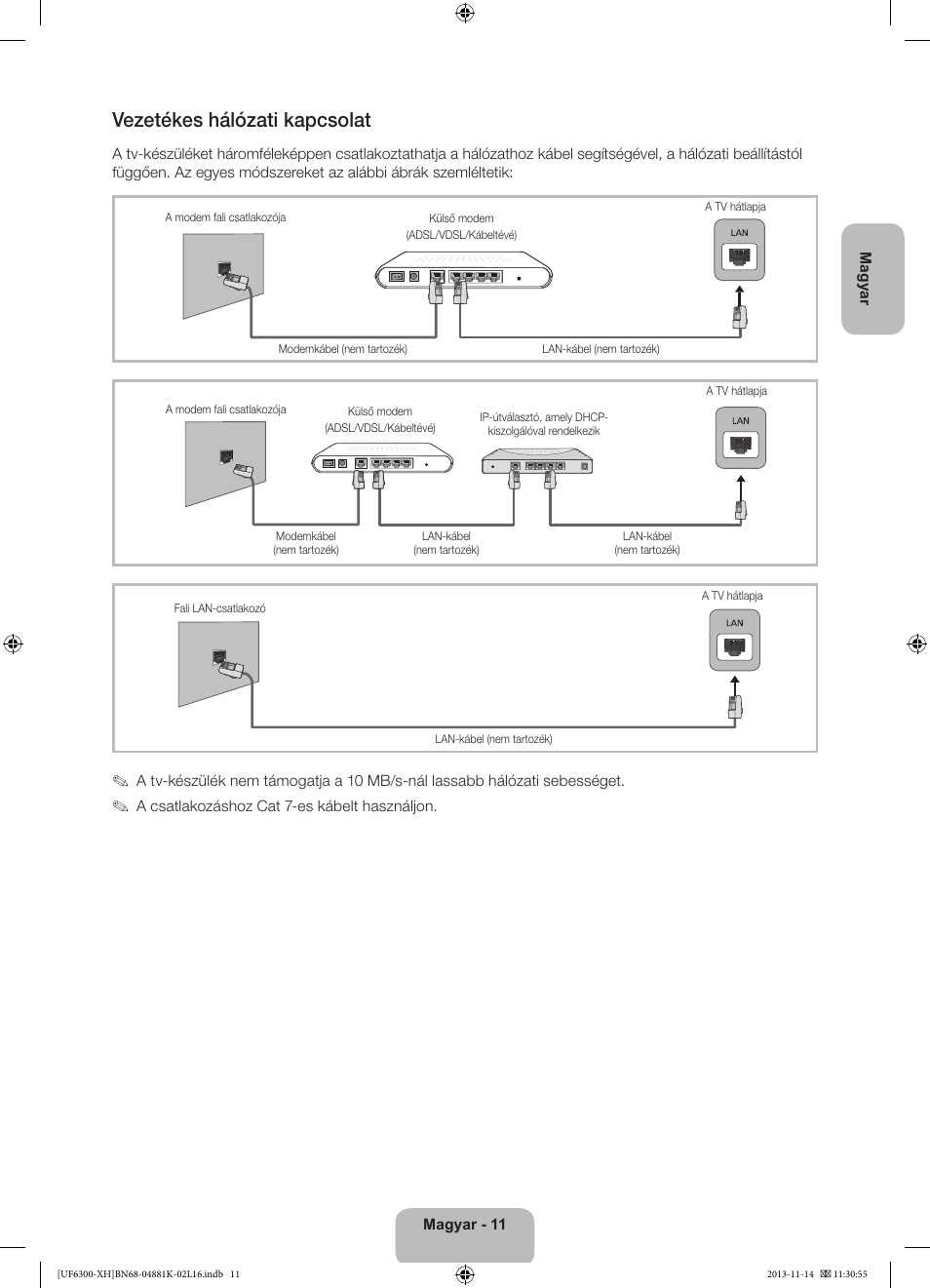 Vezetékes hálózati kapcsolat | Samsung UE60F6300AW User Manual | Page 29 / 289