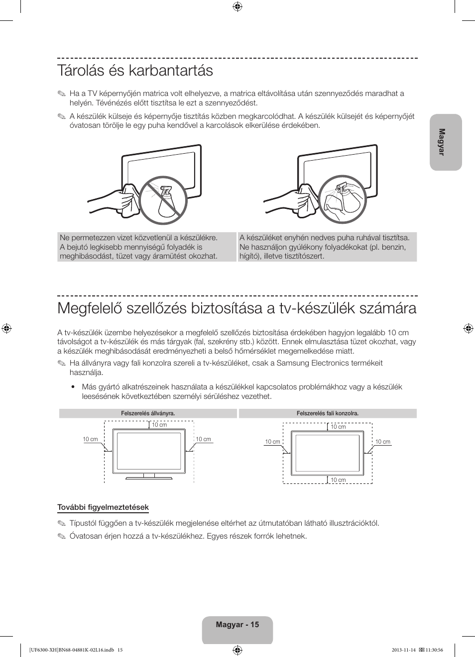 Tárolás és karbantartás | Samsung UE60F6300AW User Manual | Page 33 / 289