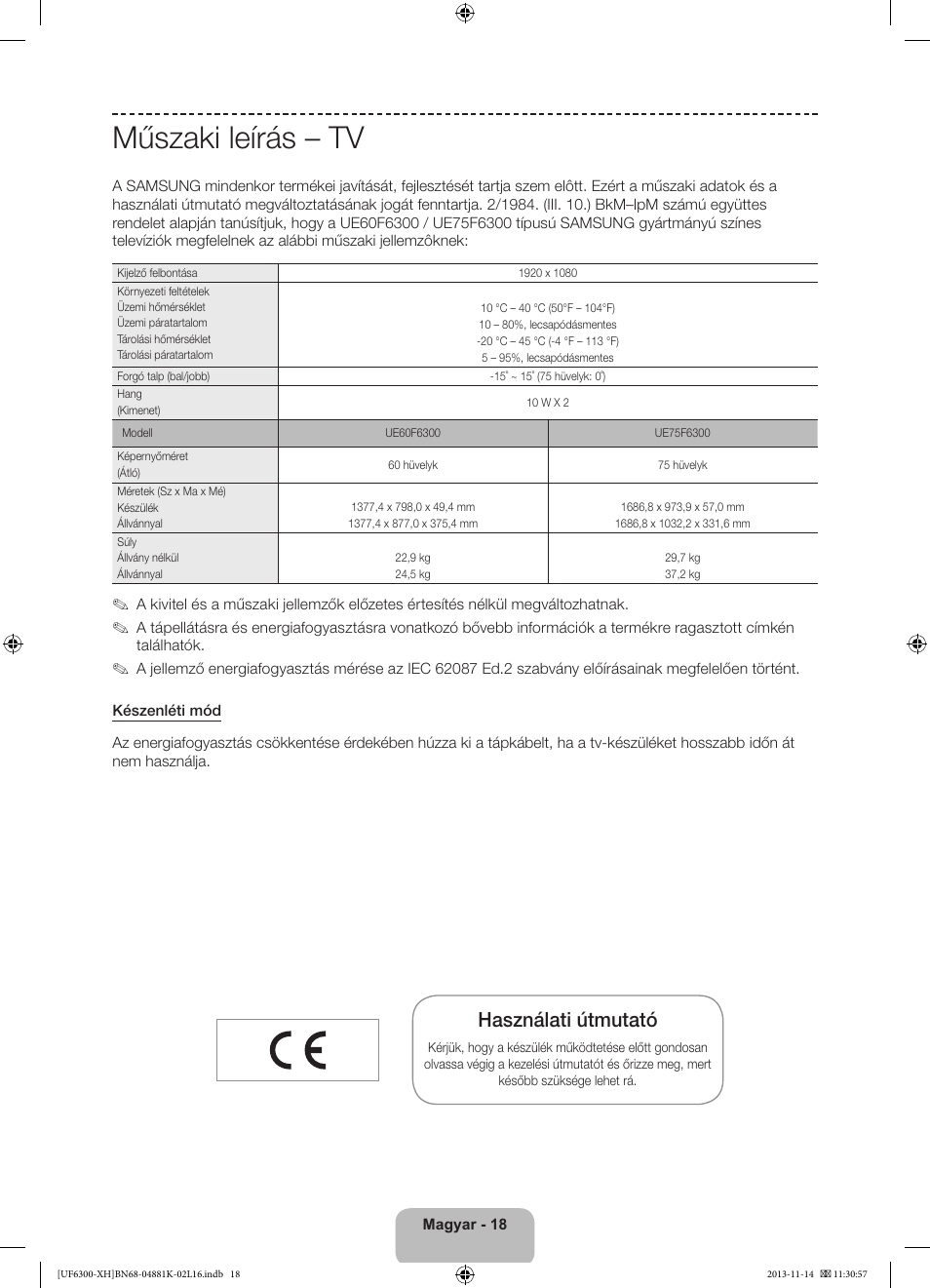 Műszaki leírás – tv, Használati útmutató | Samsung UE60F6300AW User Manual | Page 36 / 289