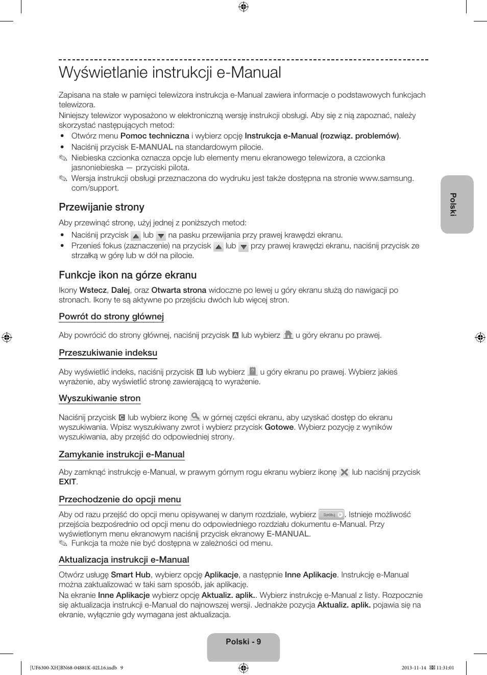 Wyświetlanie instrukcji e-manual, Przewijanie strony, Funkcje ikon na górze ekranu | Samsung UE60F6300AW User Manual | Page 45 / 289