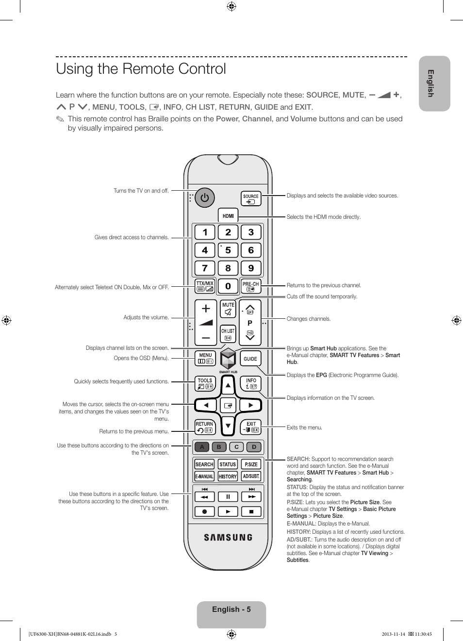 Using the remote control | Samsung UE60F6300AW User Manual | Page 5 / 289