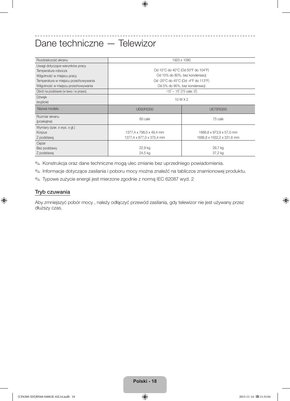 Dane techniczne — telewizor | Samsung UE60F6300AW User Manual | Page 54 / 289