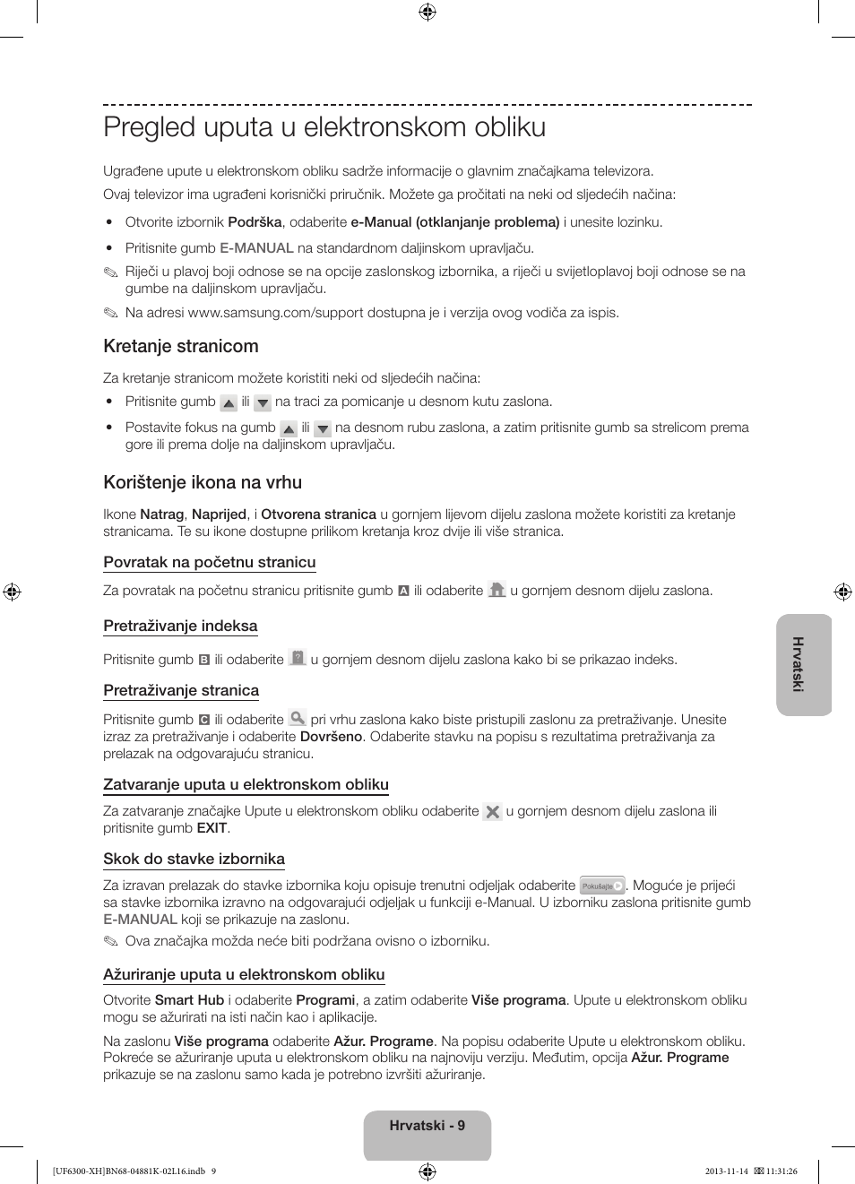 Pregled uputa u elektronskom obliku, Kretanje stranicom, Korištenje ikona na vrhu | Samsung UE60F6300AW User Manual | Page 99 / 289