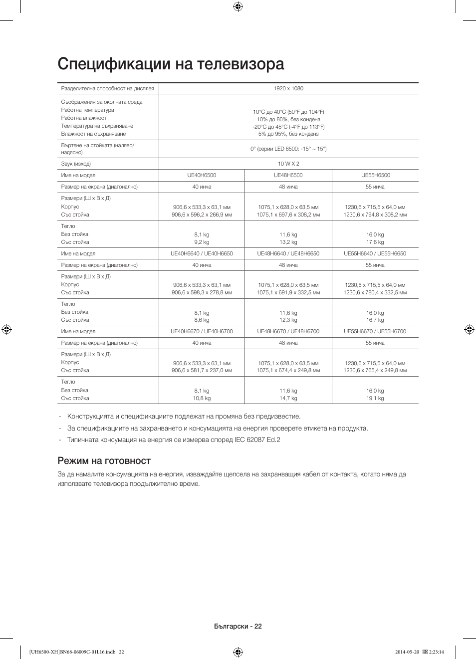 Спецификации на телевизора, Режим на готовност | Samsung UE40H6640SL User Manual | Page 110 / 353