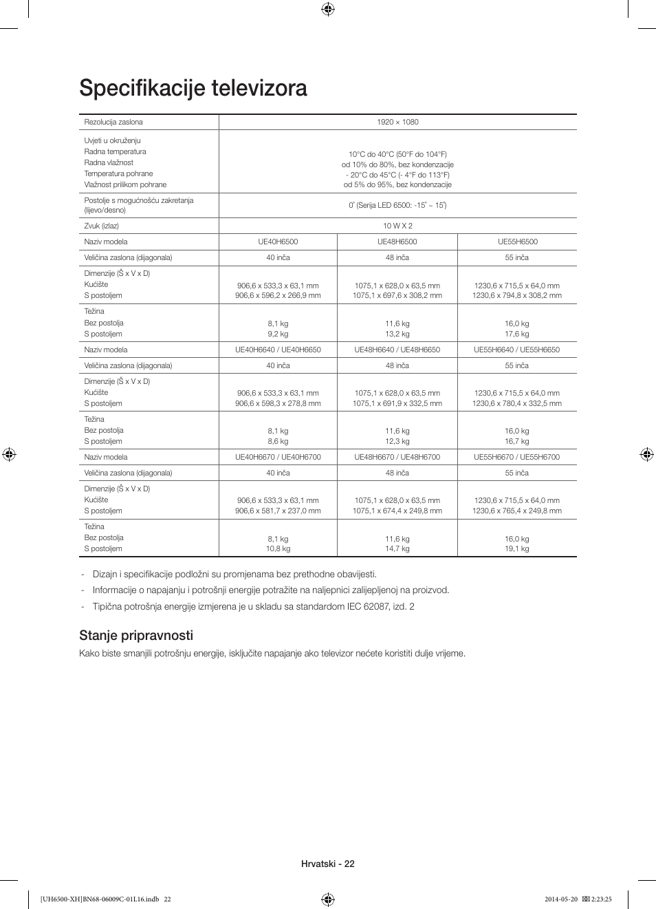Specifikacije televizora, Stanje pripravnosti | Samsung UE40H6640SL User Manual | Page 132 / 353