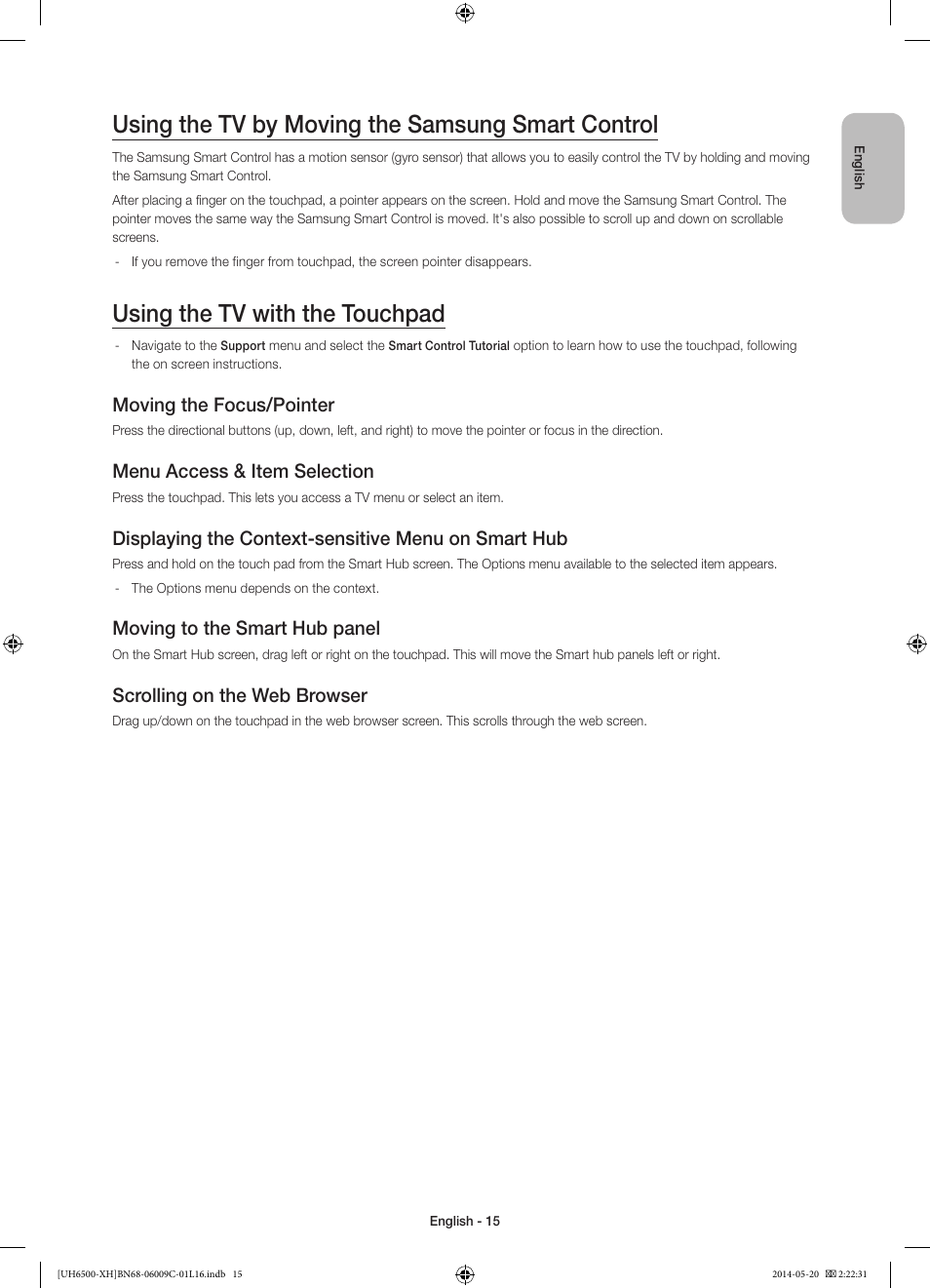 Using the tv by moving the samsung smart control, Using the tv with the touchpad, Moving the focus/pointer | Menu access & item selection, Displaying the context-sensitive menu on smart hub, Moving to the smart hub panel, Scrolling on the web browser | Samsung UE40H6640SL User Manual | Page 15 / 353