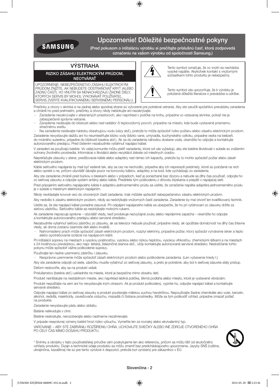 Upozornenie! dôležité bezpečnostné pokyny, Výstraha | Samsung UE40H6640SL User Manual | Page 156 / 353