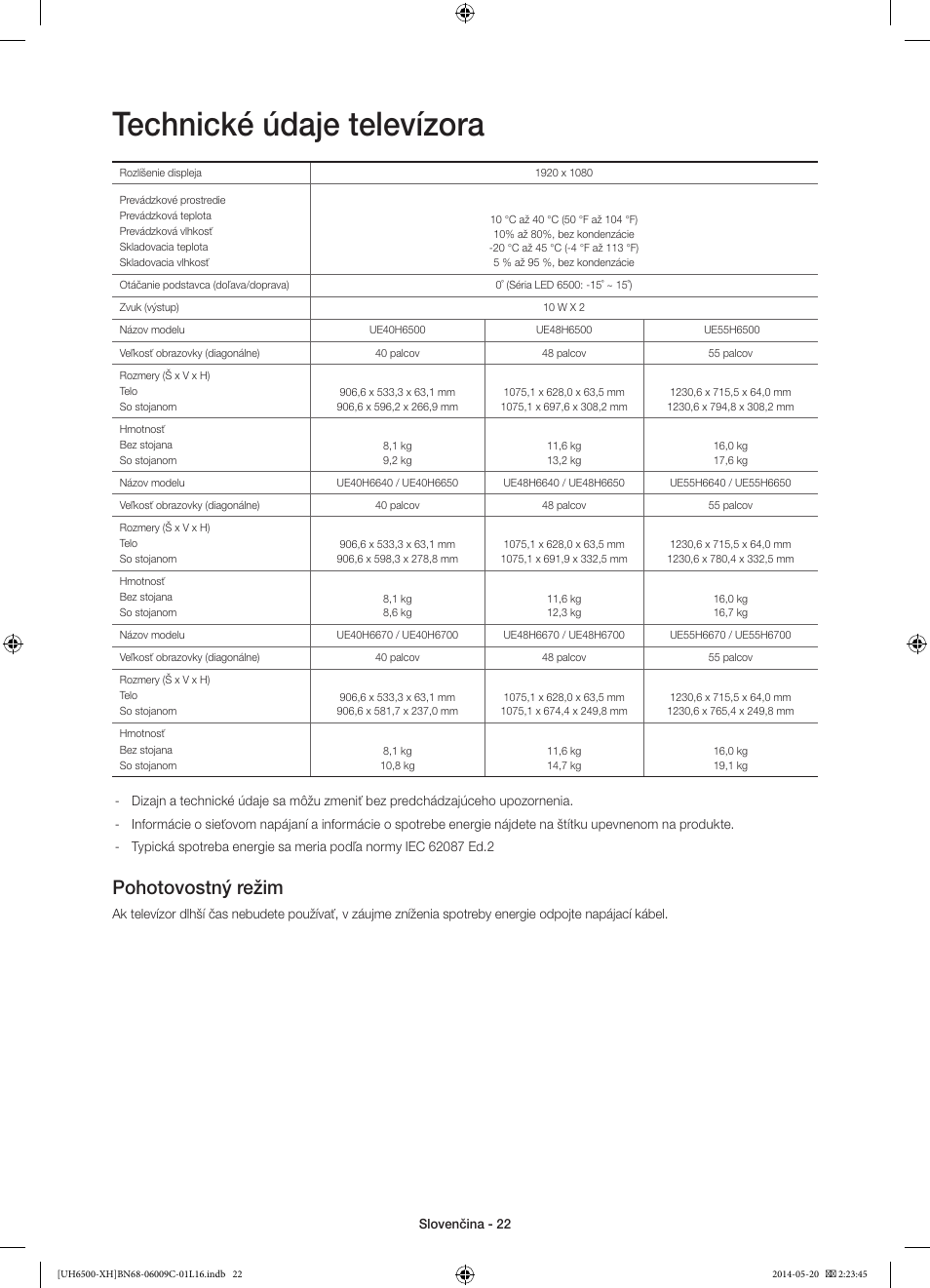 Technické údaje televízora, Pohotovostný režim | Samsung UE40H6640SL User Manual | Page 176 / 353