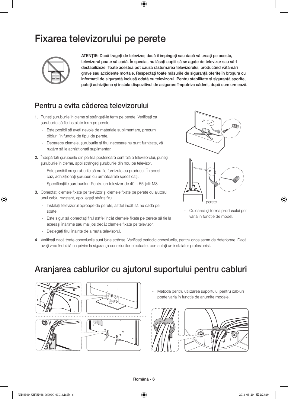 Fixarea televizorului pe perete, Pentru a evita căderea televizorului | Samsung UE40H6640SL User Manual | Page 182 / 353