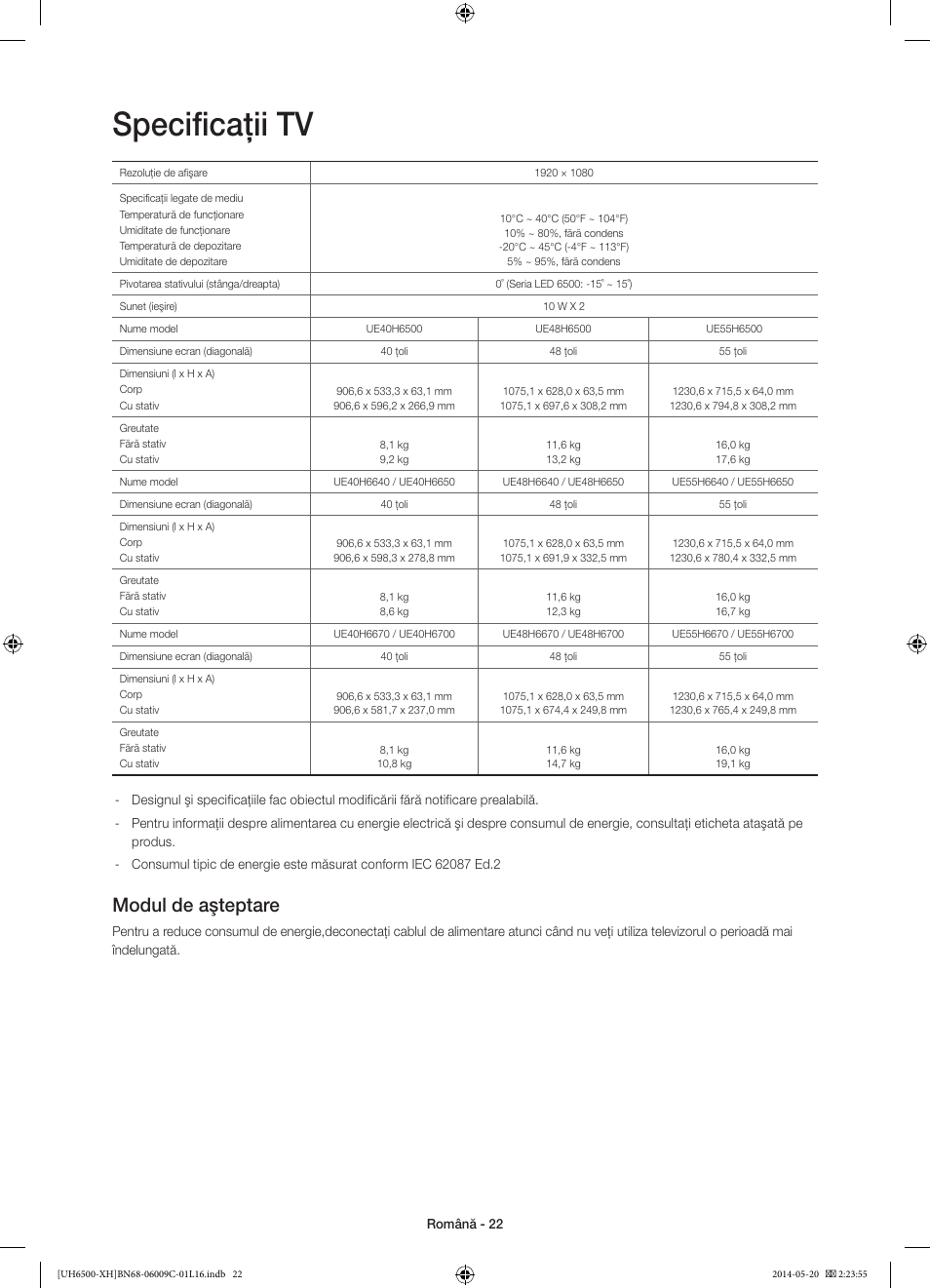 Specificaţii tv, Modul de aşteptare | Samsung UE40H6640SL User Manual | Page 198 / 353