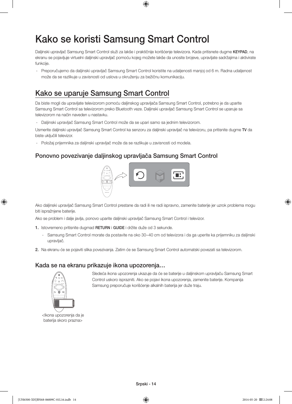 Kako se koristi samsung smart control, Kako se uparuje samsung smart control, Kada se na ekranu prikazuje ikona upozorenja | Samsung UE40H6640SL User Manual | Page 212 / 353