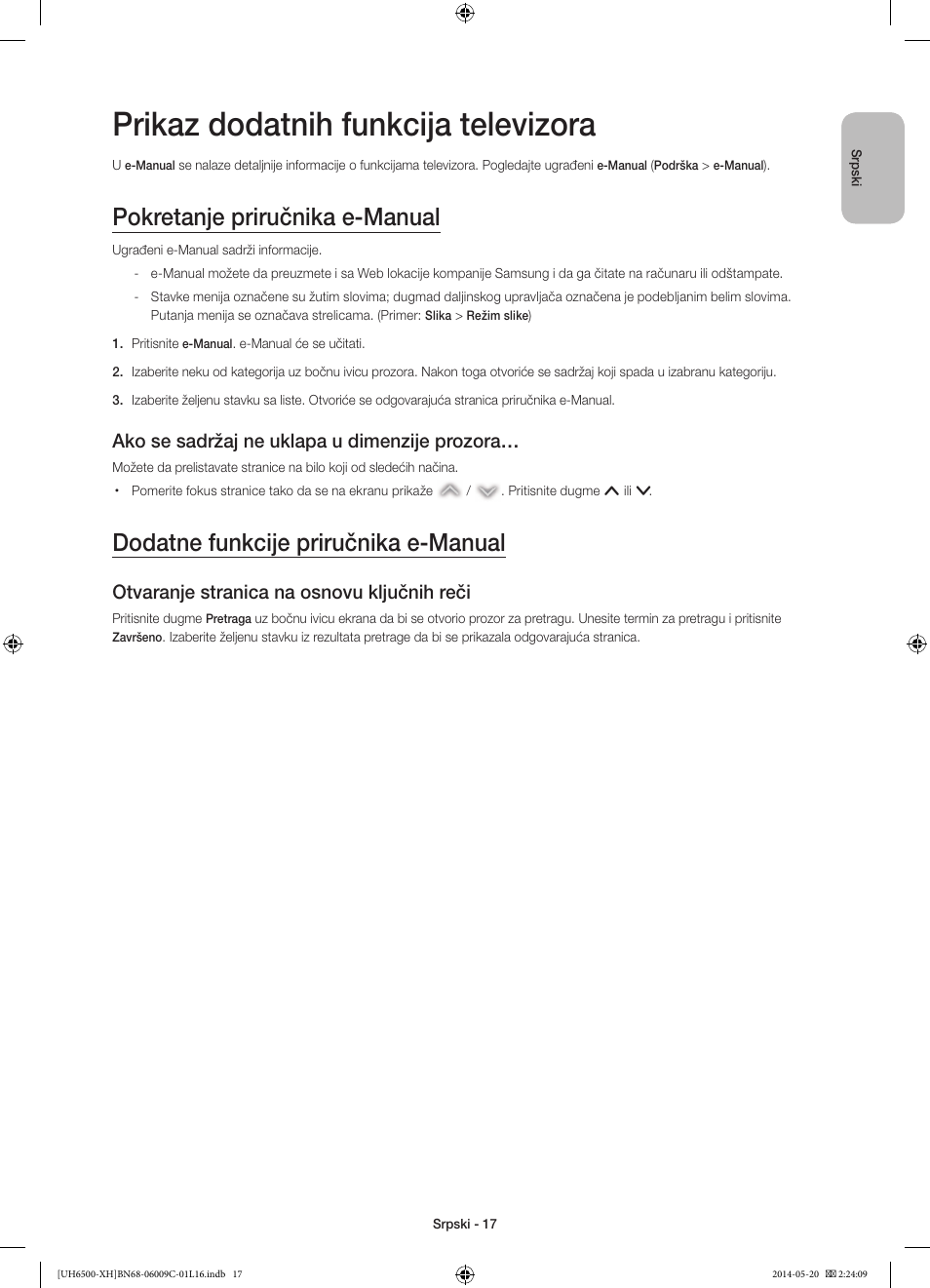 Prikaz dodatnih funkcija televizora, Pokretanje priručnika e-manual, Dodatne funkcije priručnika e-manual | Ako se sadržaj ne uklapa u dimenzije prozora, Otvaranje stranica na osnovu ključnih reči | Samsung UE40H6640SL User Manual | Page 215 / 353