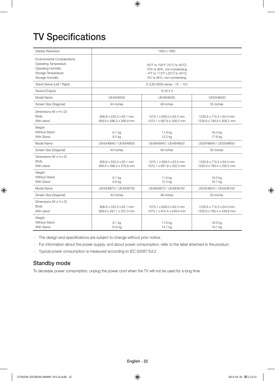 10 specifications and other information, Tv specifications, Standby mode | Samsung UE40H6640SL User Manual | Page 22 / 353