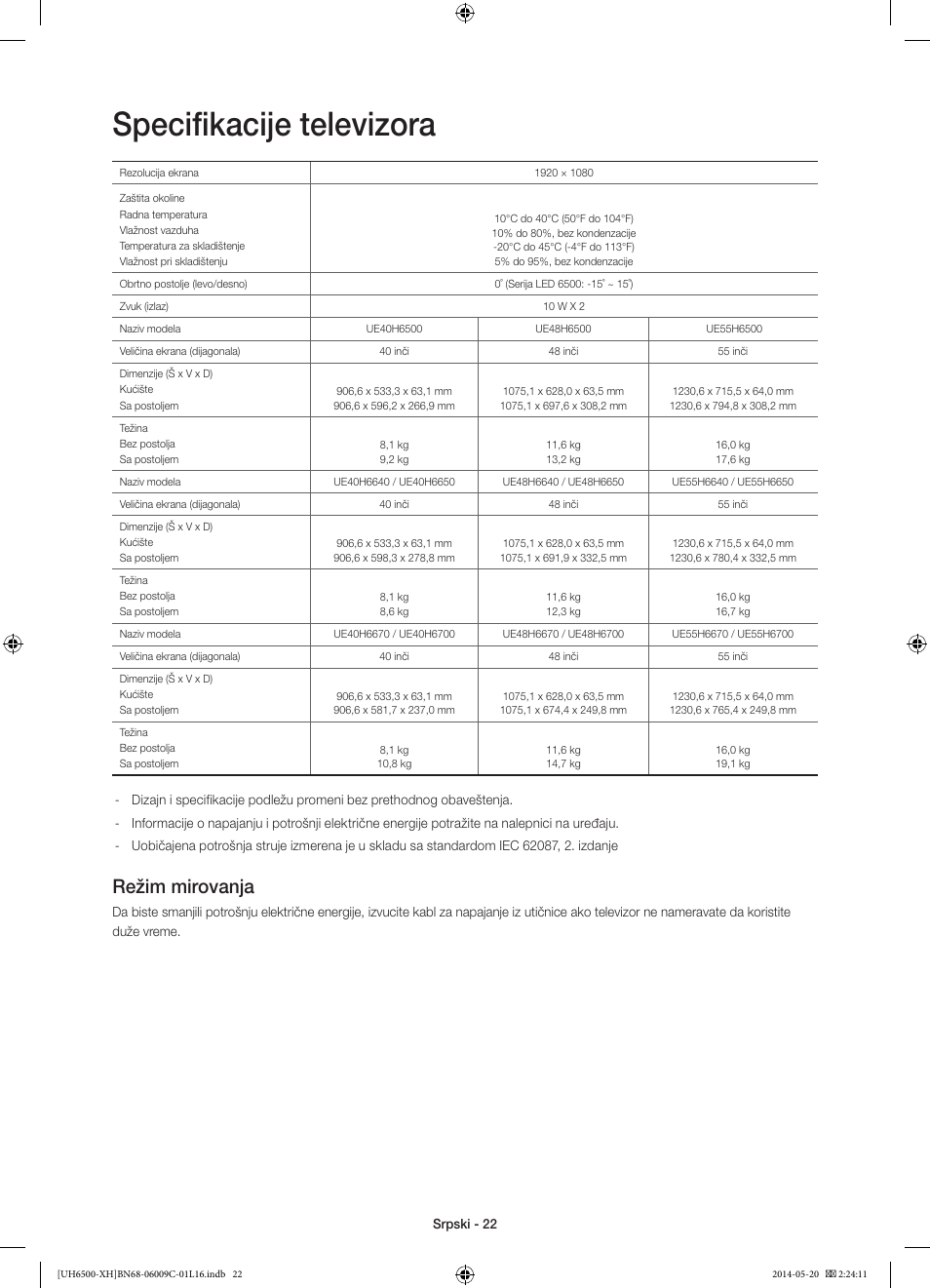 Specifikacije televizora, Režim mirovanja | Samsung UE40H6640SL User Manual | Page 220 / 353