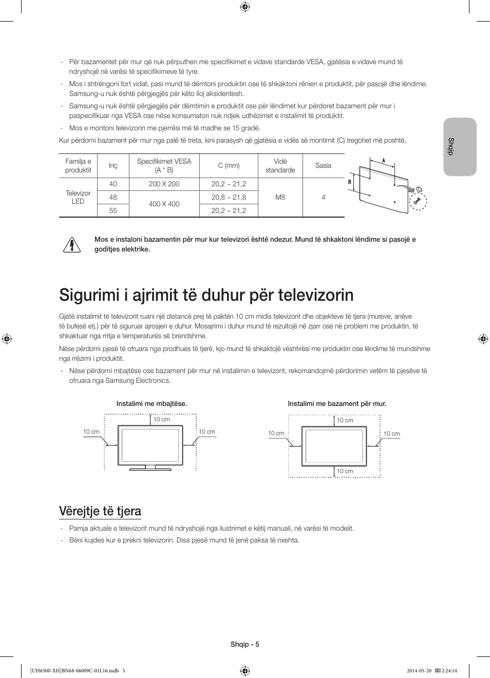 Sigurimi i ajrimit të duhur për televizorin, Vërejtje të tjera | Samsung UE40H6640SL User Manual | Page 225 / 353