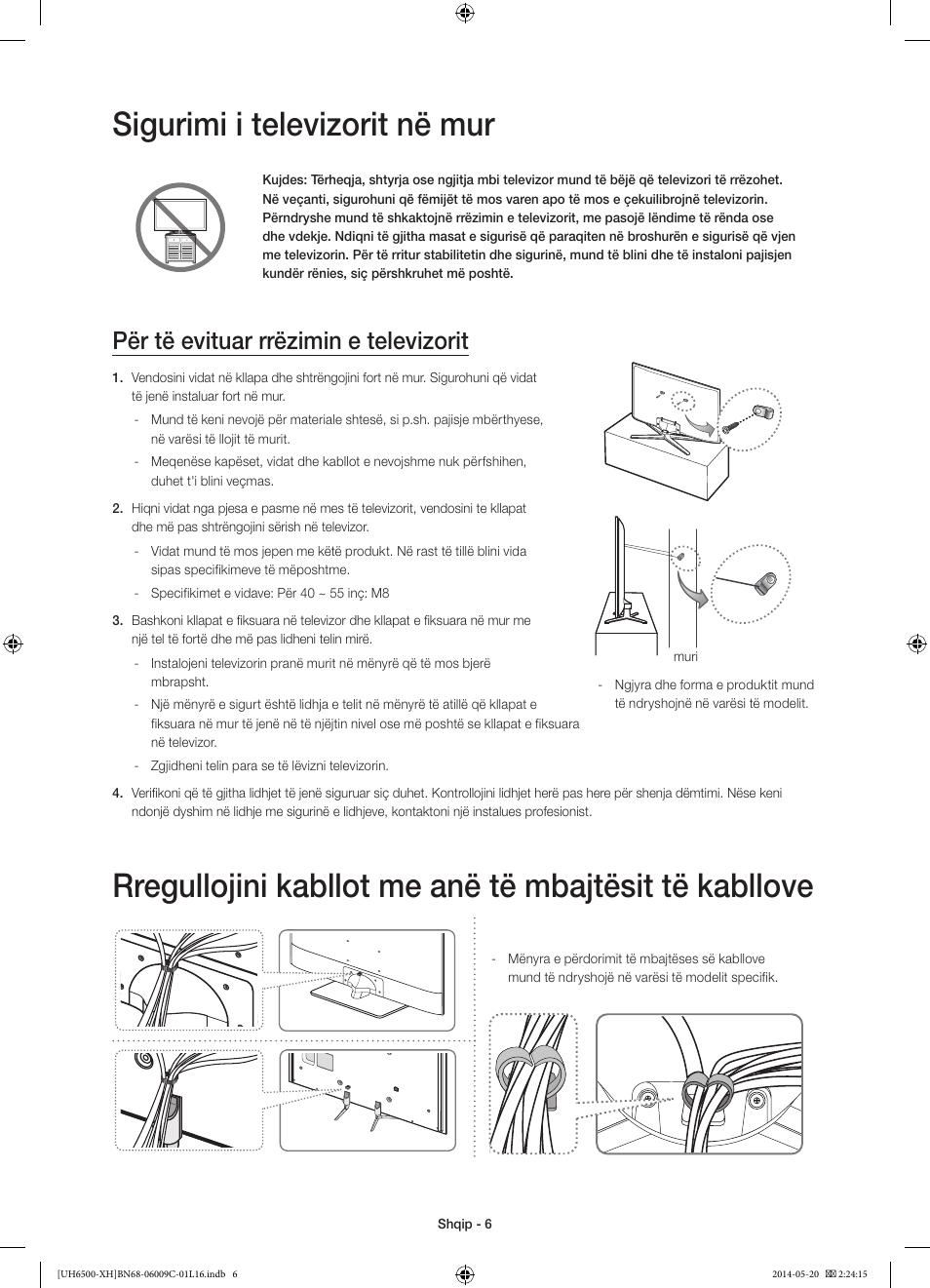 Sigurimi i televizorit në mur, Për të evituar rrëzimin e televizorit | Samsung UE40H6640SL User Manual | Page 226 / 353