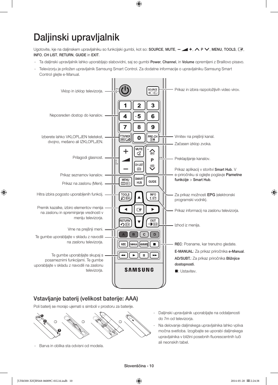Daljinski upravljalnik, Vstavljanje baterij (velikost baterije: aaa) | Samsung UE40H6640SL User Manual | Page 274 / 353