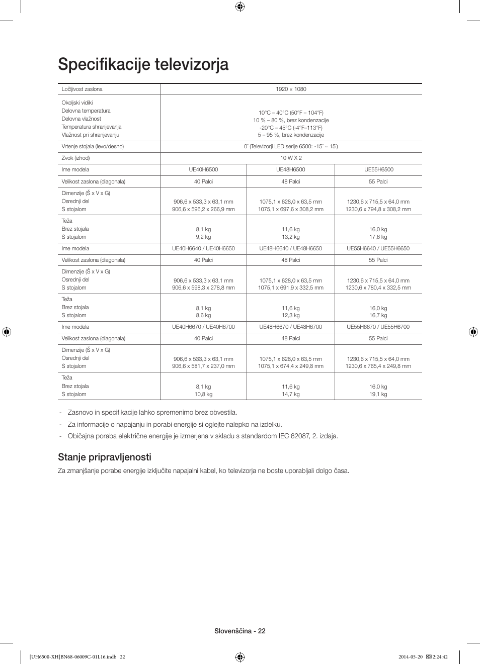 Specifikacije televizorja, Stanje pripravljenosti | Samsung UE40H6640SL User Manual | Page 286 / 353