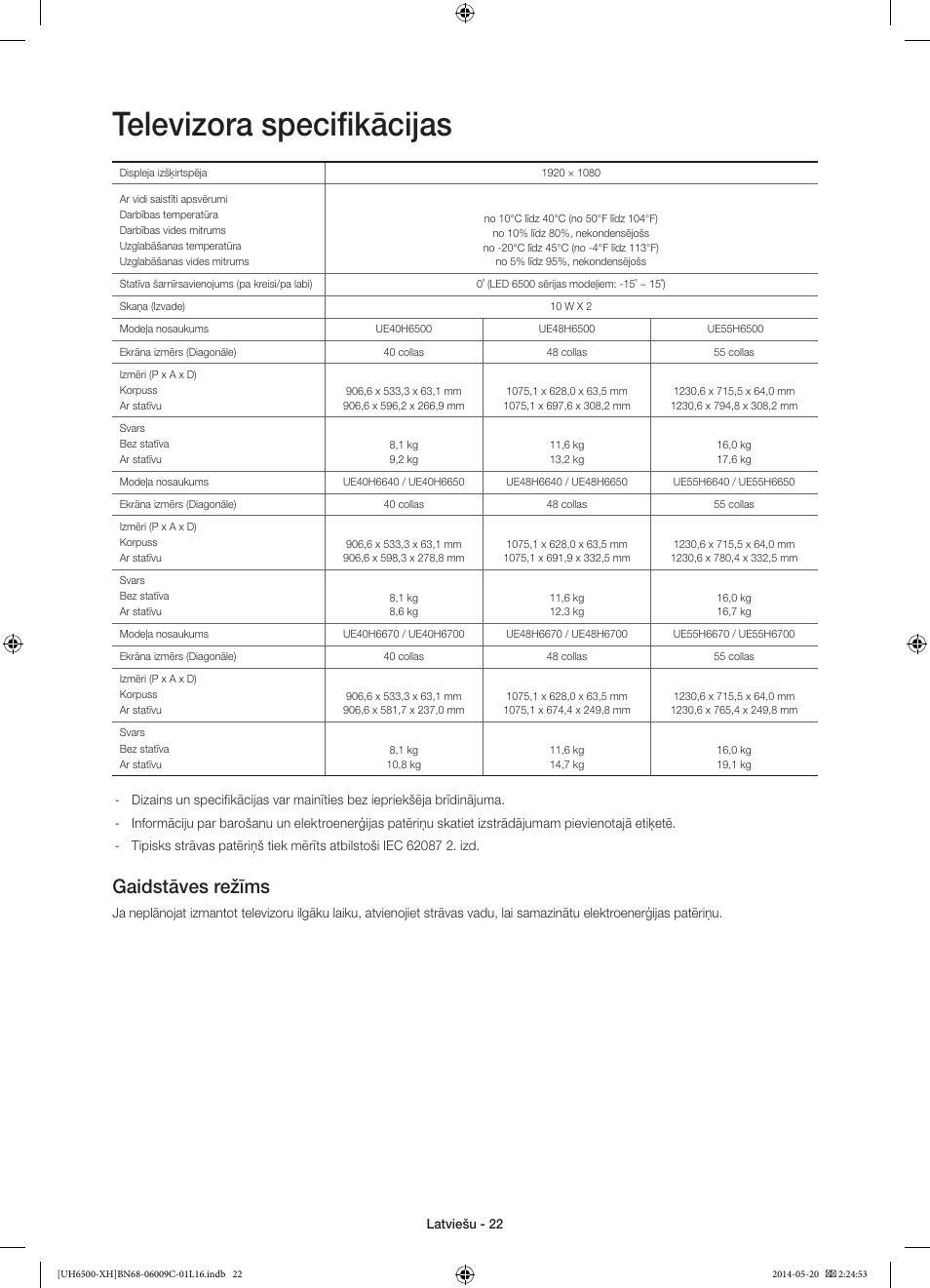 Televizora specifikācijas, Gaidstāves režīms | Samsung UE40H6640SL User Manual | Page 308 / 353