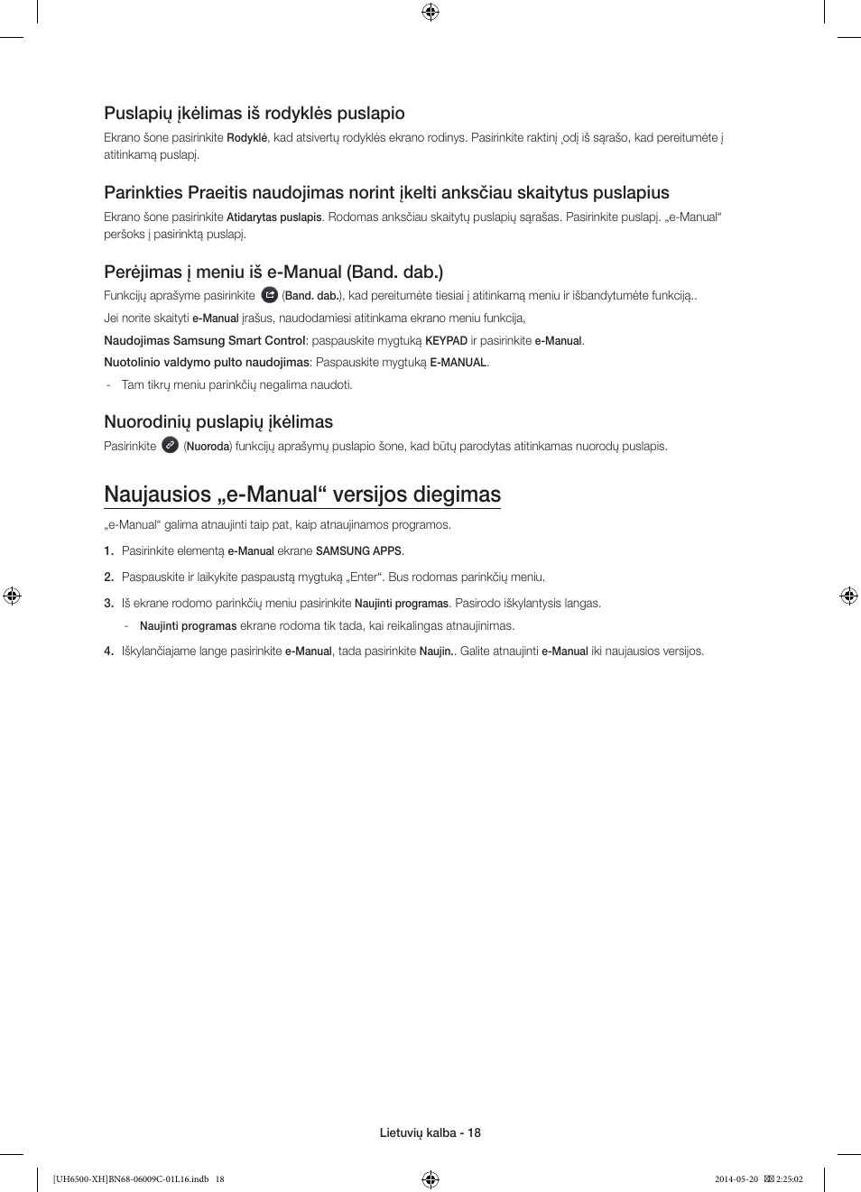 Naujausios „e-manual“ versijos diegimas, Puslapių įkėlimas iš rodyklės puslapio, Perėjimas į meniu iš e-manual (band. dab.) | Nuorodinių puslapių įkėlimas | Samsung UE40H6640SL User Manual | Page 326 / 353