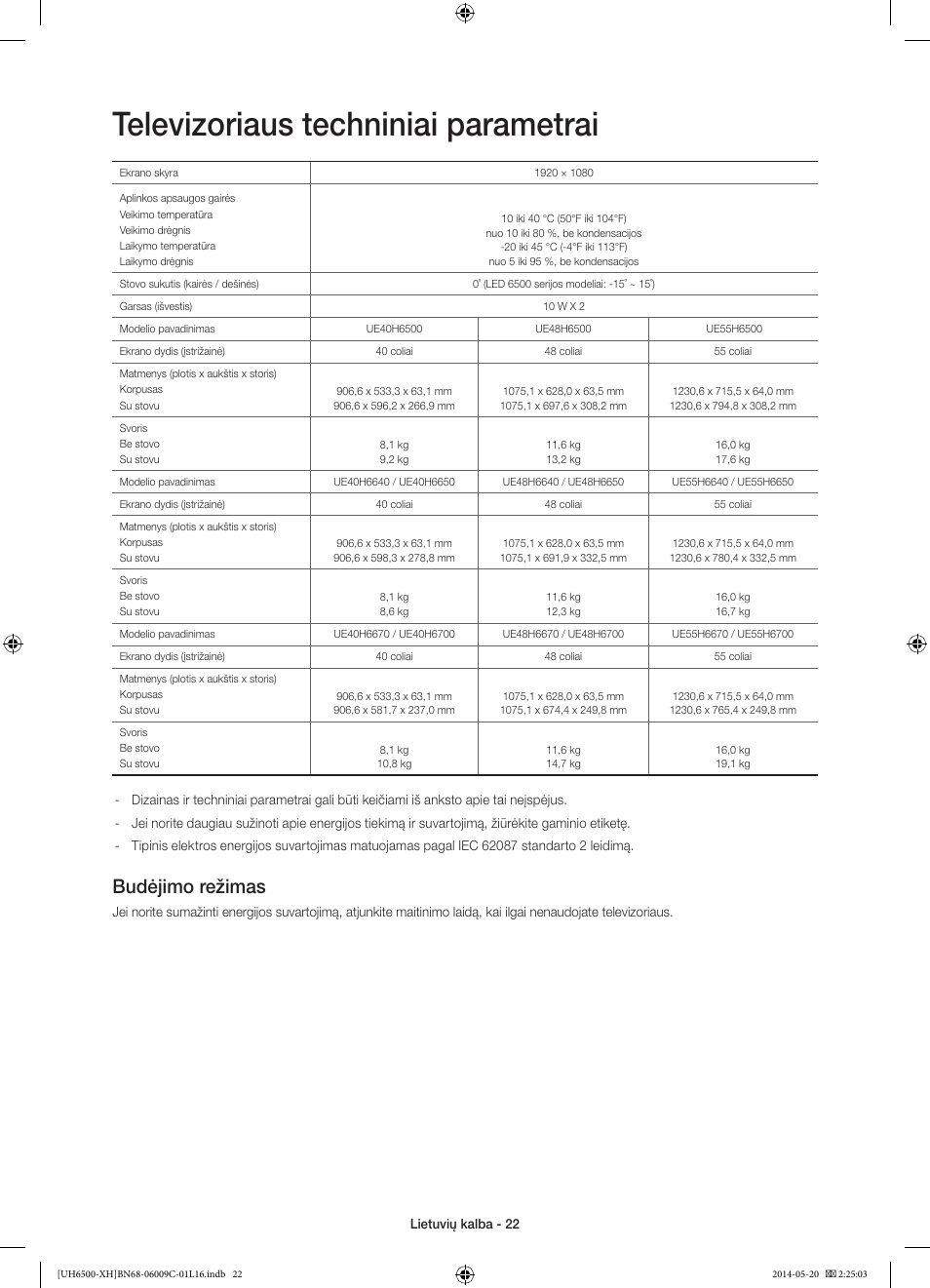 Televizoriaus techniniai parametrai, Budėjimo režimas | Samsung UE40H6640SL User Manual | Page 330 / 353