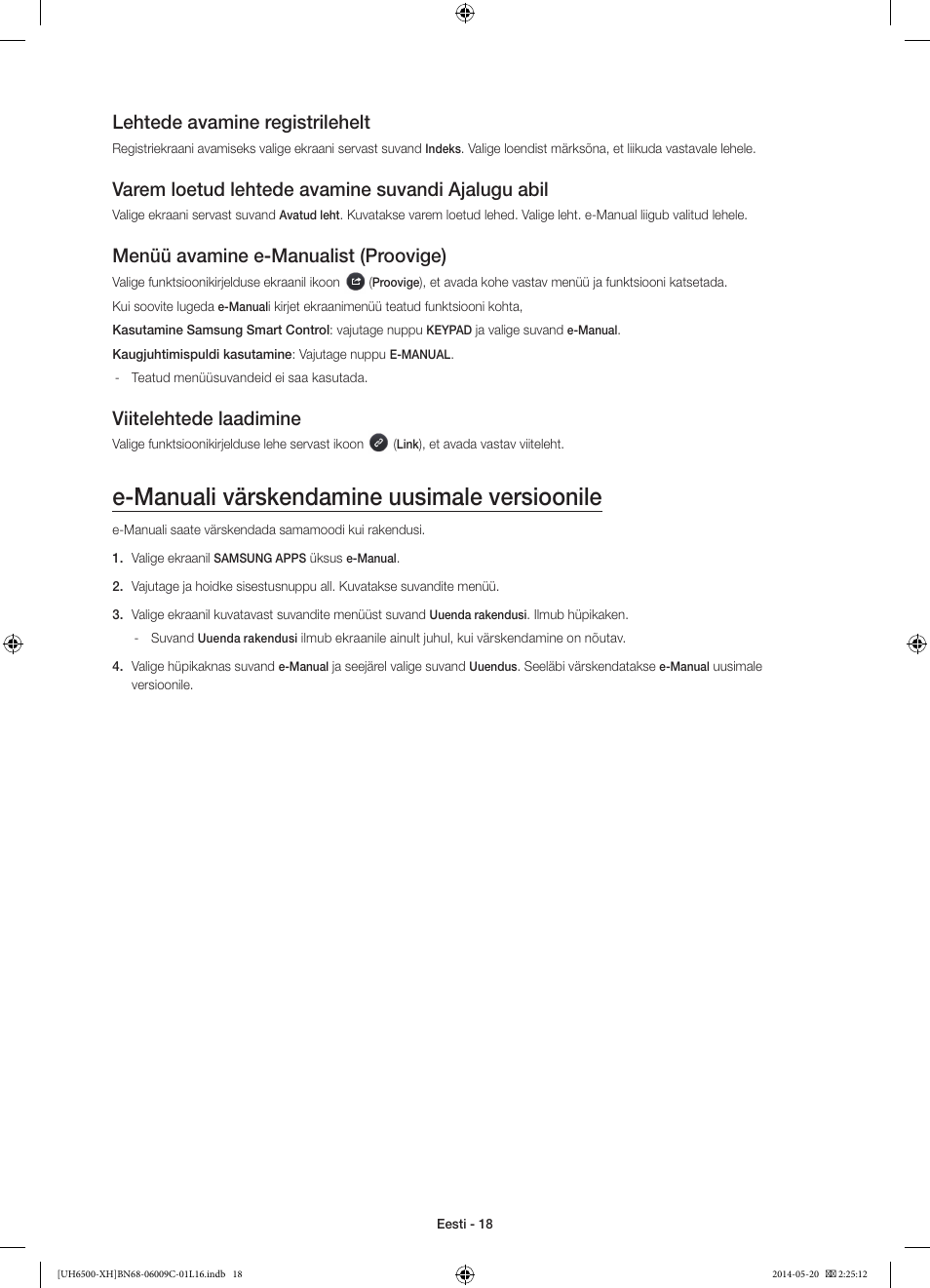 E-manuali värskendamine uusimale versioonile, Lehtede avamine registrilehelt, Varem loetud lehtede avamine suvandi ajalugu abil | Menüü avamine e-manualist (proovige), Viitelehtede laadimine | Samsung UE40H6640SL User Manual | Page 348 / 353