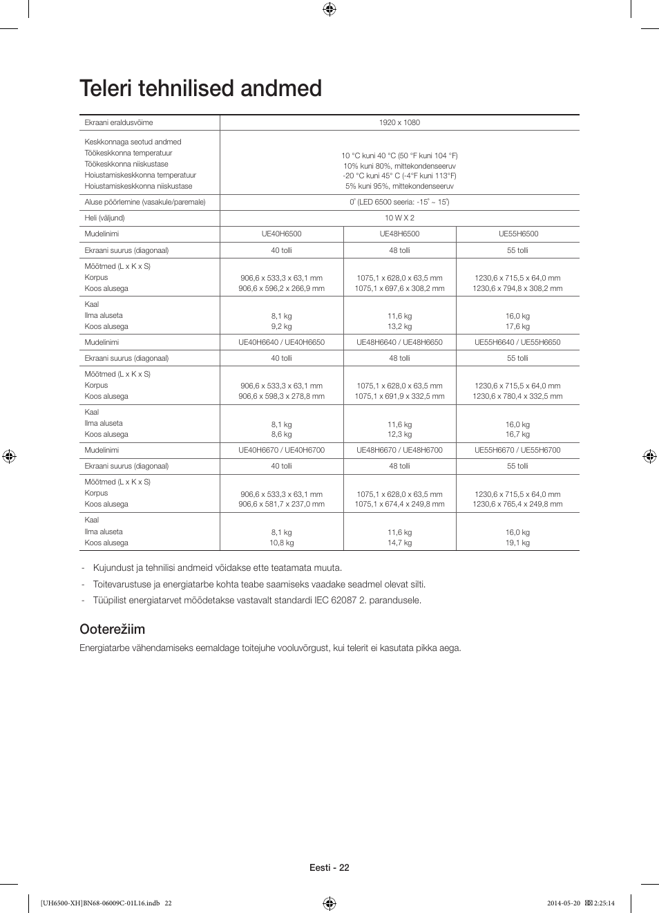 Teleri tehnilised andmed, Ooterežiim | Samsung UE40H6640SL User Manual | Page 352 / 353