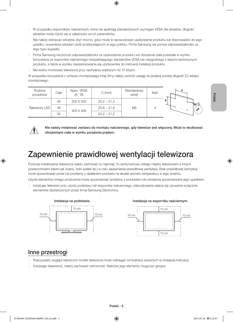 Zapewnienie prawidłowej wentylacji telewizora, Inne przestrogi | Samsung UE40H6640SL User Manual | Page 49 / 353