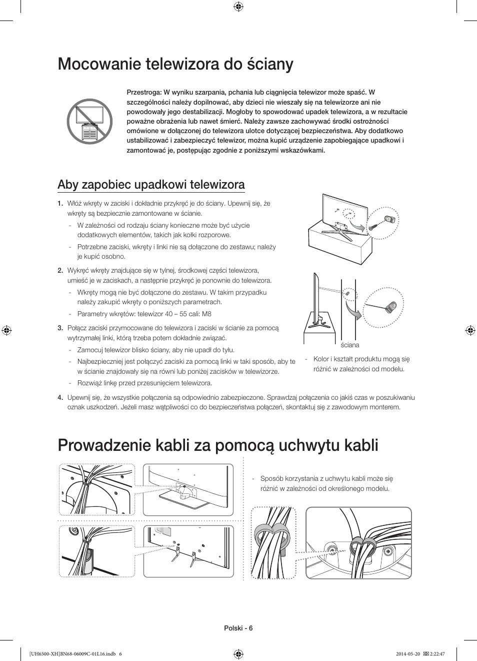 Mocowanie telewizora do ściany, Prowadzenie kabli za pomocą uchwytu kabli, Aby zapobiec upadkowi telewizora | Samsung UE40H6640SL User Manual | Page 50 / 353